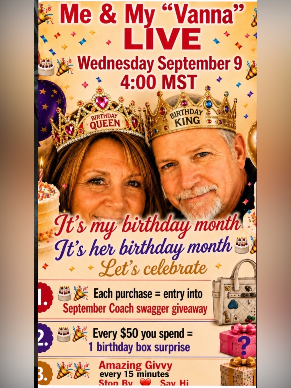 🎉🎂🎈Me & My “ Vanna” LIVE🎈🎂🎉Wednesday September 9 4:00 MST